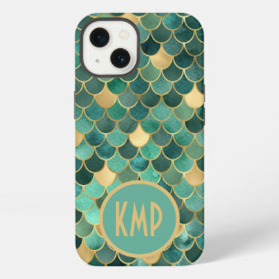 Monogram Initial Green Emerald Gold Mermaid Scales iPhone 13 Case