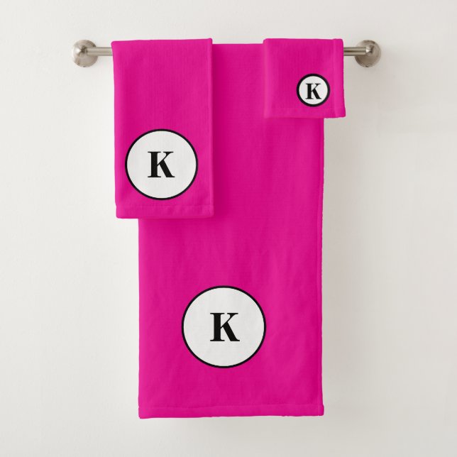 Monogram Initial Hot Pink Black Colourful Modern Bath Towel Set (Insitu)