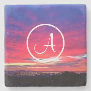 Monogram Initial Hot Pink Blue Sunset Photo Custom Stone Coaster