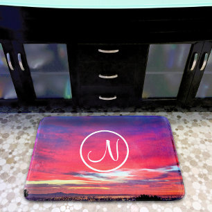 Monogram Initial Hot Pink Blue Sunset Photo Modern Bath Mat