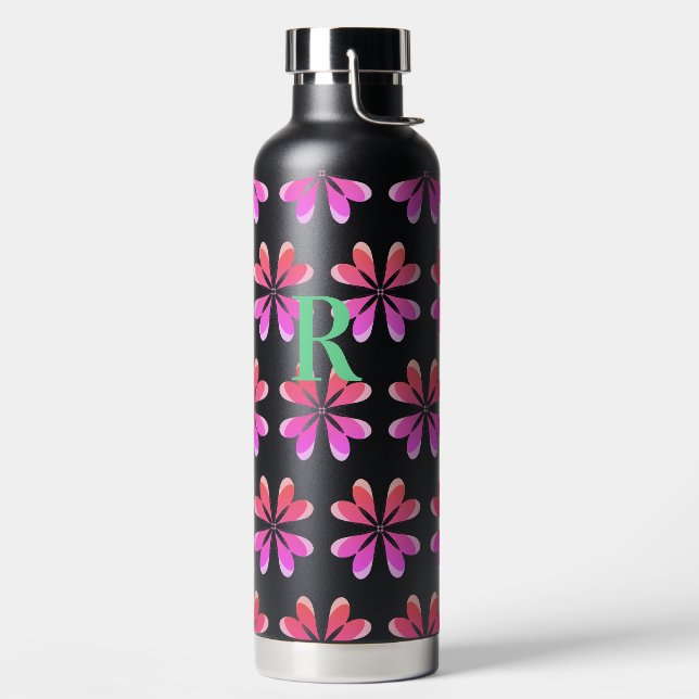 Monogram Initial Hot Pink Orange Teal Retro Floral Water Bottle (Left)