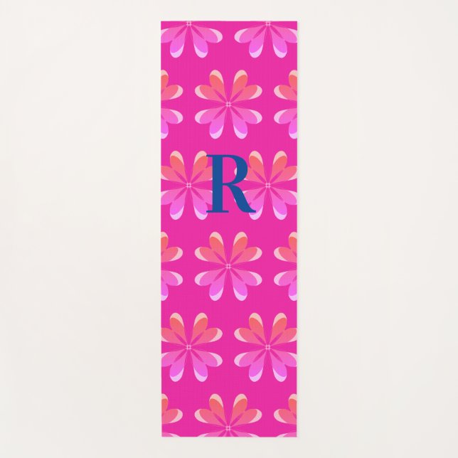 Monogram Initial Hot Pink Retro Flower Pattern Yoga Mat (Front)