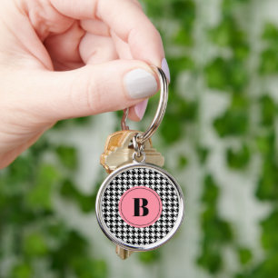 Monogram Initial Houndstooth 1.44-in Round Silver Keychain