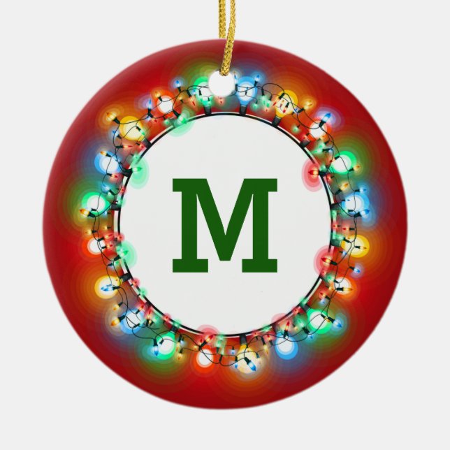 Monogram Initial in Holiday Lights with Year Ceramic Ornament (Front)