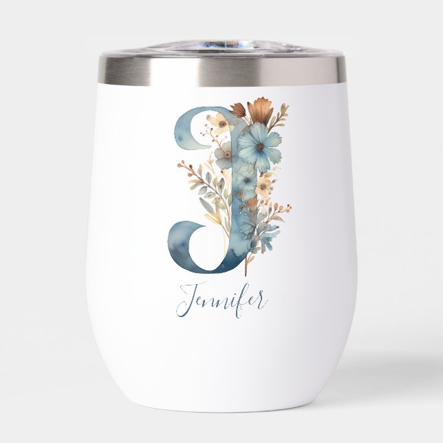 Monogram Initial J Blue Floral Watercolor Gift Her (Front)