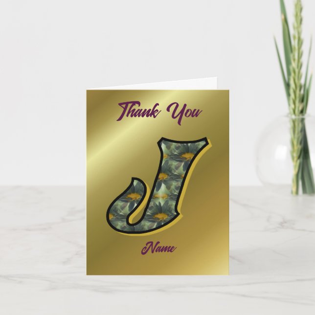Monogram Initial J Daisies Art Personalized Thank You Card (Front)