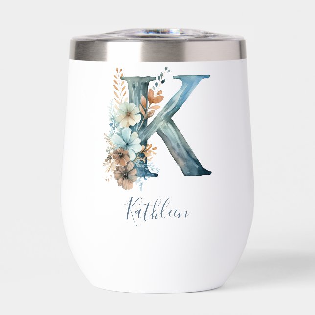 Monogram Initial K Blue Floral Watercolor Gift Her (Front)