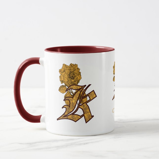 Monogram Initial K Elegant Gold Peony Personalized Mug (Left)
