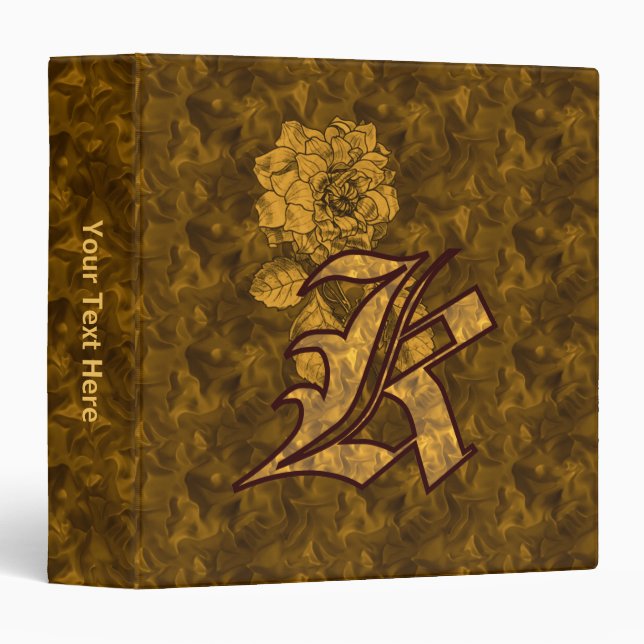Monogram Initial K Gold Satin Peony Personalized Binder (Front/Spine)