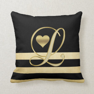 Monogram Initial 'L' Gold Black Heart Throw Pillow