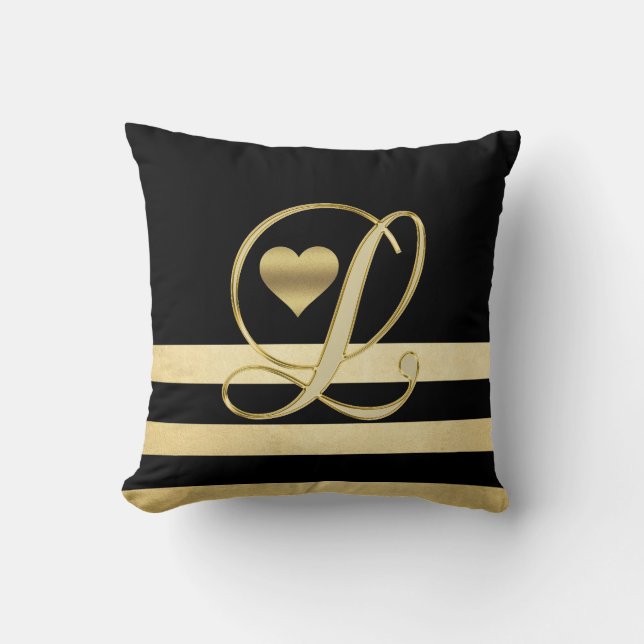 Monogram Initial 'L' Gold Black Heart Throw Throw Pillow (Front)