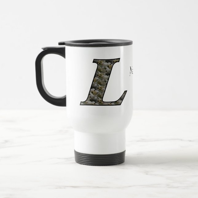 Monogram Initial L Hydrangea Flowers Personalized Travel Mug (Left)