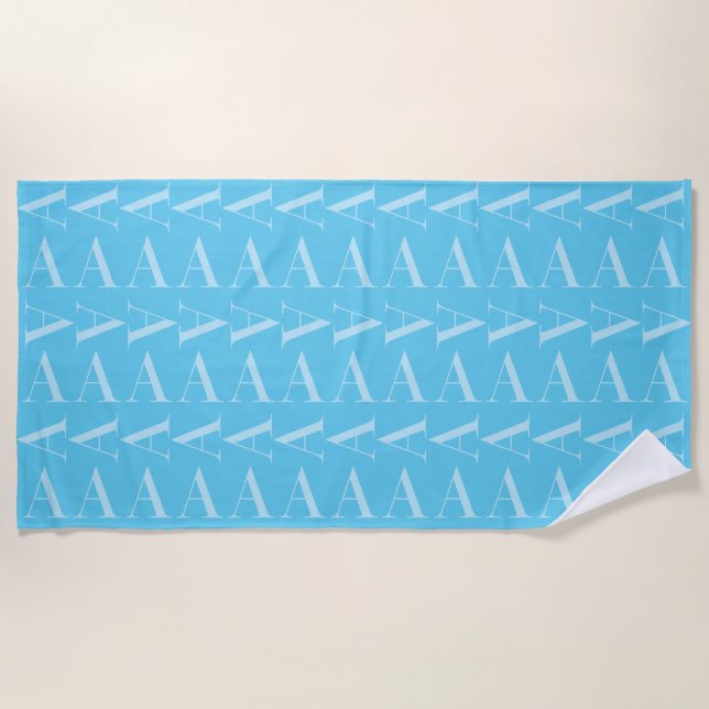 Monogram Initial Letter A, Aqua Blue Beach Towel (Front)