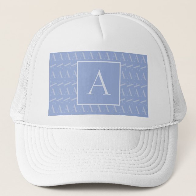 Monogram Initial Letter A, Blue Trucker Hat (Front)