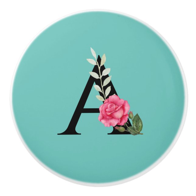 Monogram Initial Letter A in White Pink Rose Ceramic Knob (Front)