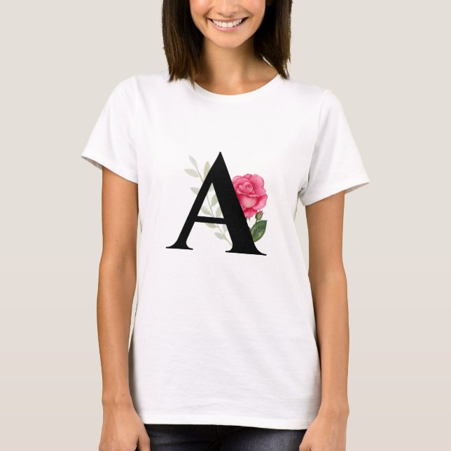 Monogram Initial Letter A in White Pink Rose T-Shirt (Front)