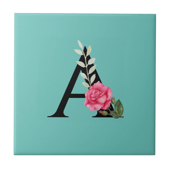 Monogram Initial Letter A in White Pink Rose Tile (Front)