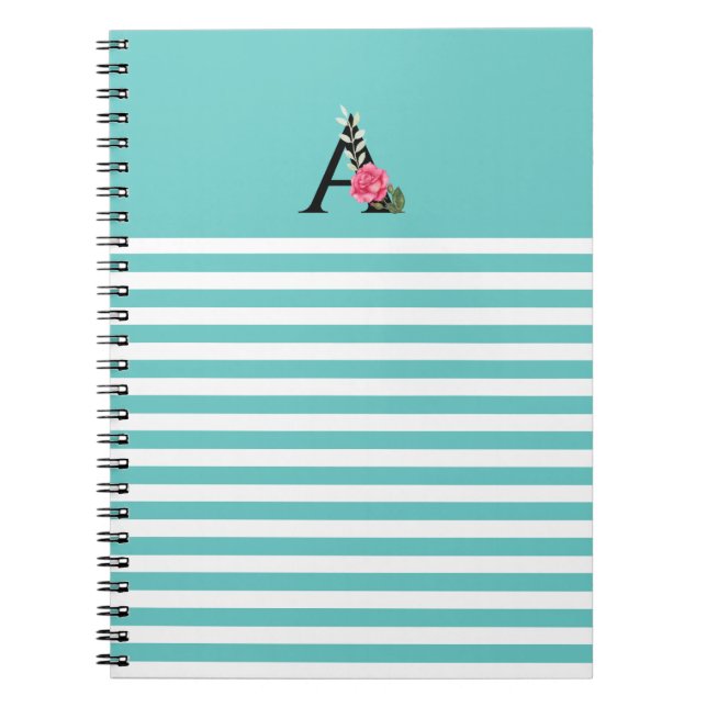Monogram Initial Letter A White Pink Rose Stripes Notebook (Front)