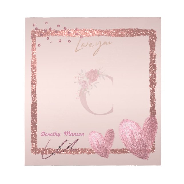 Monogram Initial Letter C and Pretty Rose Gold Notepad (Front)