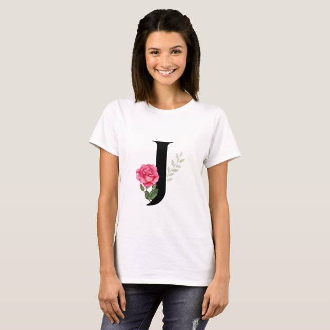 Monogram Initial Letter J  in Black with Pink Rose T-Shirt (Front Full)