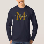 Monogram Initial Letter Name Men's Navy Blue Gold T-Shirt<br><div class="desc">Customize Monogram Initial Letter Name Men's Template Elegant Trendy Navy Blue Gold Basic Long Sleeve T-Shirt.</div>