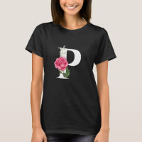 Monogram Initial Letter P in White with Pink Rose