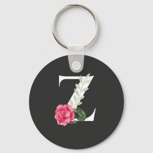 Monogram Initial Letter Z in White with Pink Rose Keychain