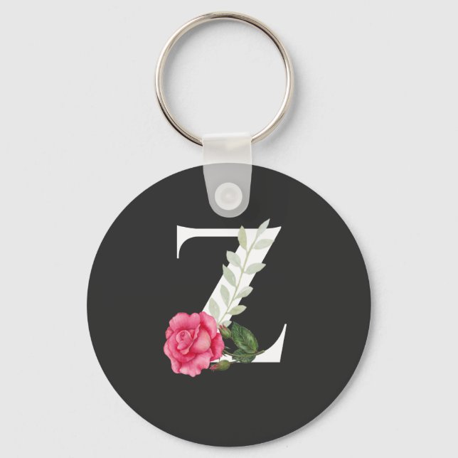 Monogram Initial Letter Z in White with Pink Rose Keychain (Front)