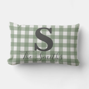 Monogram Initial Light Green Buffalo Plaid Lumbar Pillow