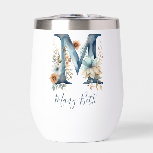 Monogram Initial M Blue Floral Watercolor Gift Her (Front)