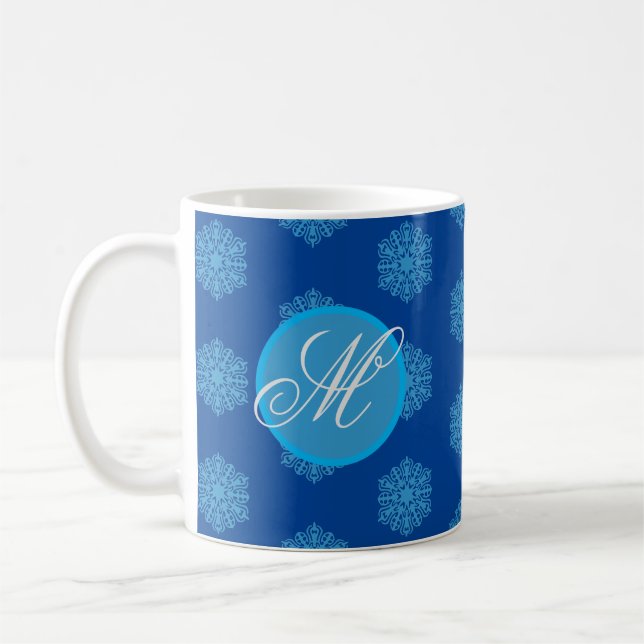 Monogram Initial "M" Blue Snowflakes Coffee Mug (Left)