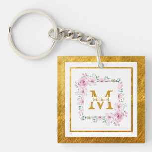 Monogram Initial "M" Floral - Pink Roses & Gold Keychain