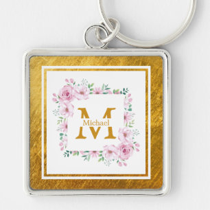 Monogram Initial "M" Floral - Pink Roses & Gold Keychain