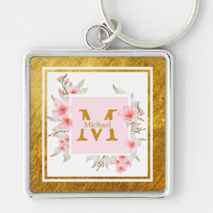 Monogram Initial "M" Floral - Pink Roses & Gold Keychain