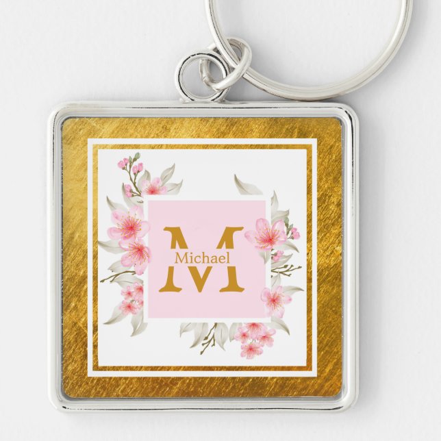 Monogram Initial "M" Floral - Pink Roses & Gold Keychain (Front)