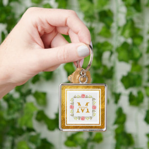 Monogram Initial "M" Floral - Pink Roses & Gold Keychain