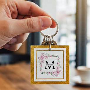 Monogram Initial "M" Floral - Pink Roses & Gold Keychain