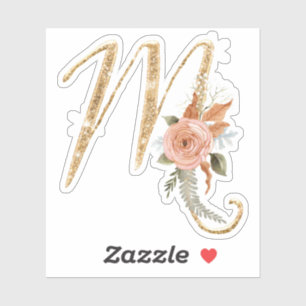 Monogram Initial M Gold Glitter Peony Rose Floral