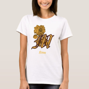 Monogram Initial M Gold Peony Flower Personalized T-Shirt