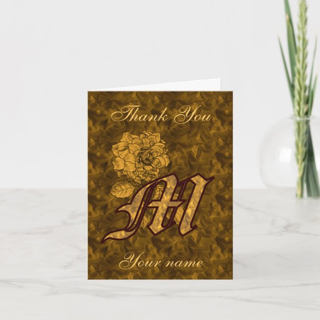 Monogram Initial M Gold Satin Peony Personalized Thank You Card (Front)