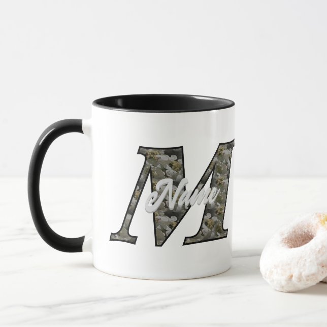 Monogram Initial M Hydrangea Flowers Personalized Mug (With Donut)