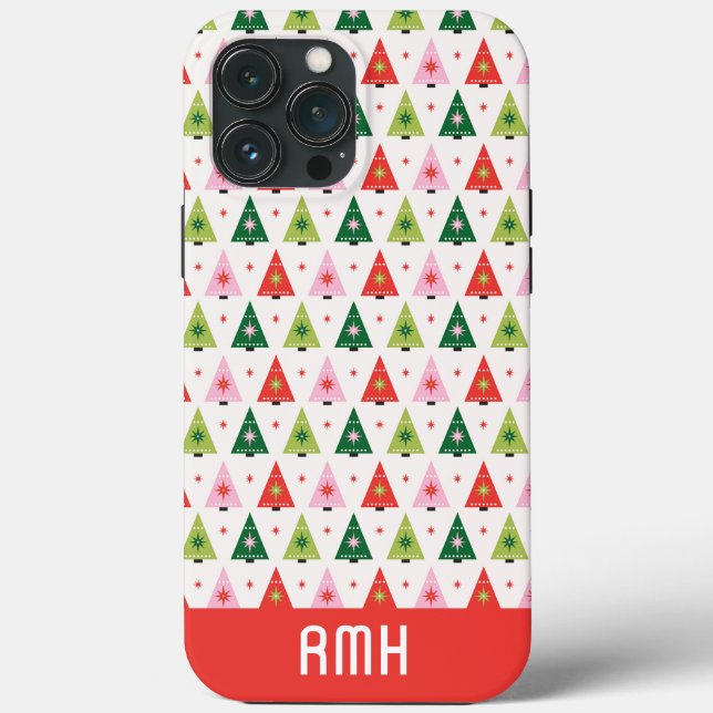 Monogram Initial Merry & Mod Retro Christmas Tree Case-Mate iPhone Case (Back)