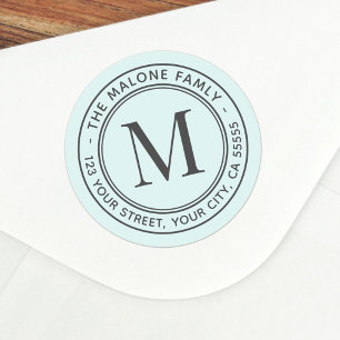 Monogram initial minimal aqua blue return address  classic round sticker