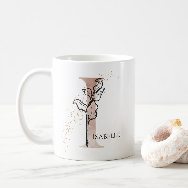 Monogram Initial Modern Letter I Boho Personalized Coffee Mug (With Donut)