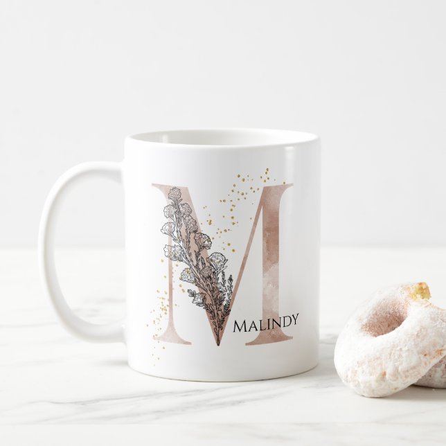 Monogram Initial Modern Letter M Boho Personalized Coffee Mug (With Donut)