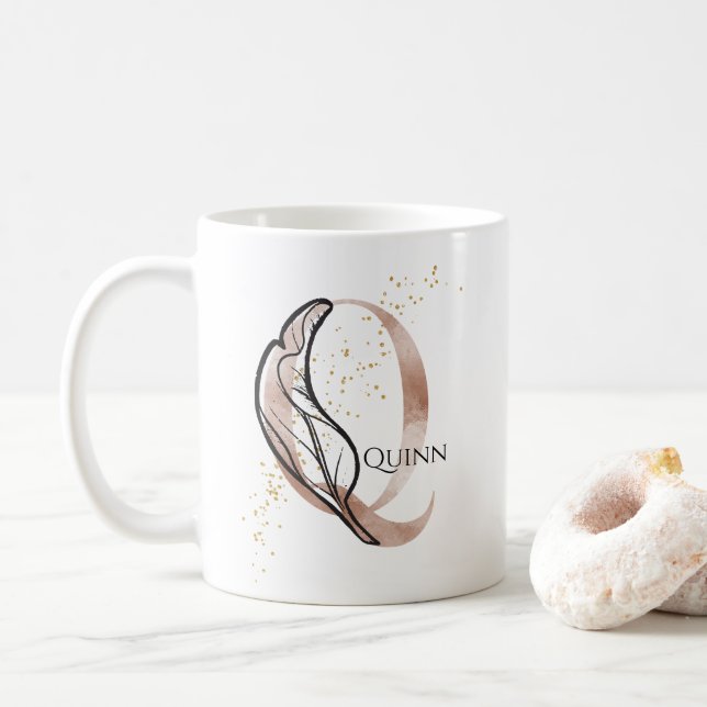 Monogram Initial Modern Letter Q Boho Personalized Coffee Mug (With Donut)