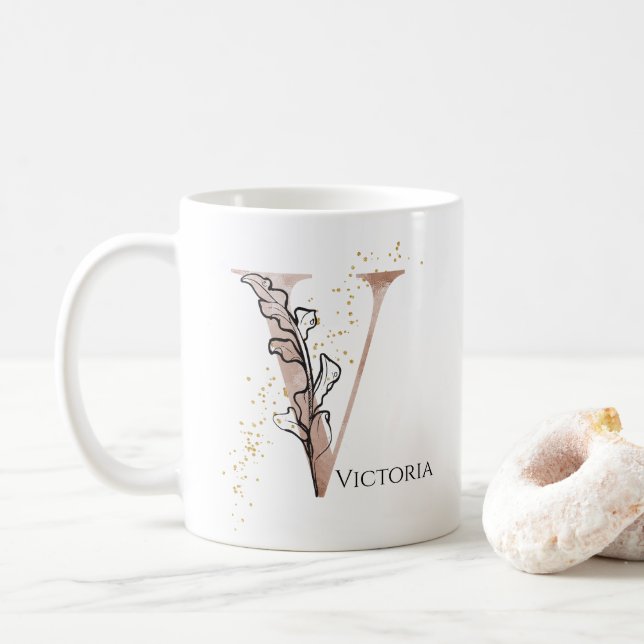 Monogram Initial Modern Letter V Boho Personalized Coffee Mug (With Donut)