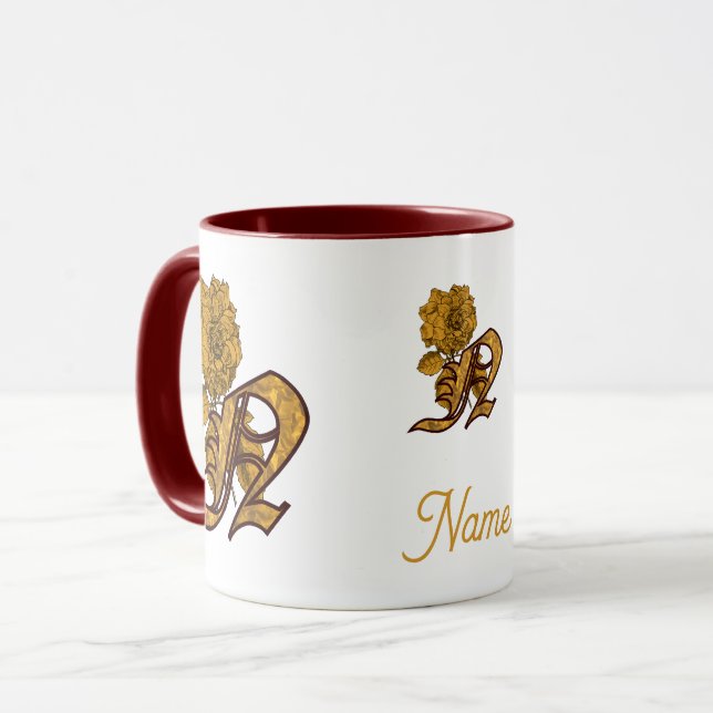 Monogram Initial N Gold Peony Personalized Mug (Front Left)