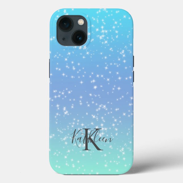 Monogram Initial Name Blue Green Sparkle Ombre Case-Mate iPhone Case (Back)