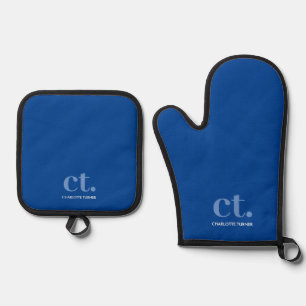 Monogram Initial Name Blue Oven Mitt & Pot Holder Set